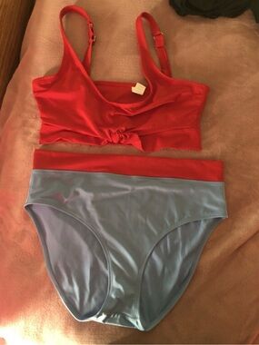 Two-Piece Colorblock Bikini Set in Red and Light Blue large